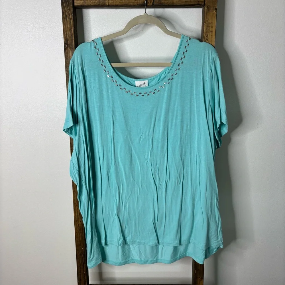 Jaclyn Smith Women's Aqua Top with Studded Neckline